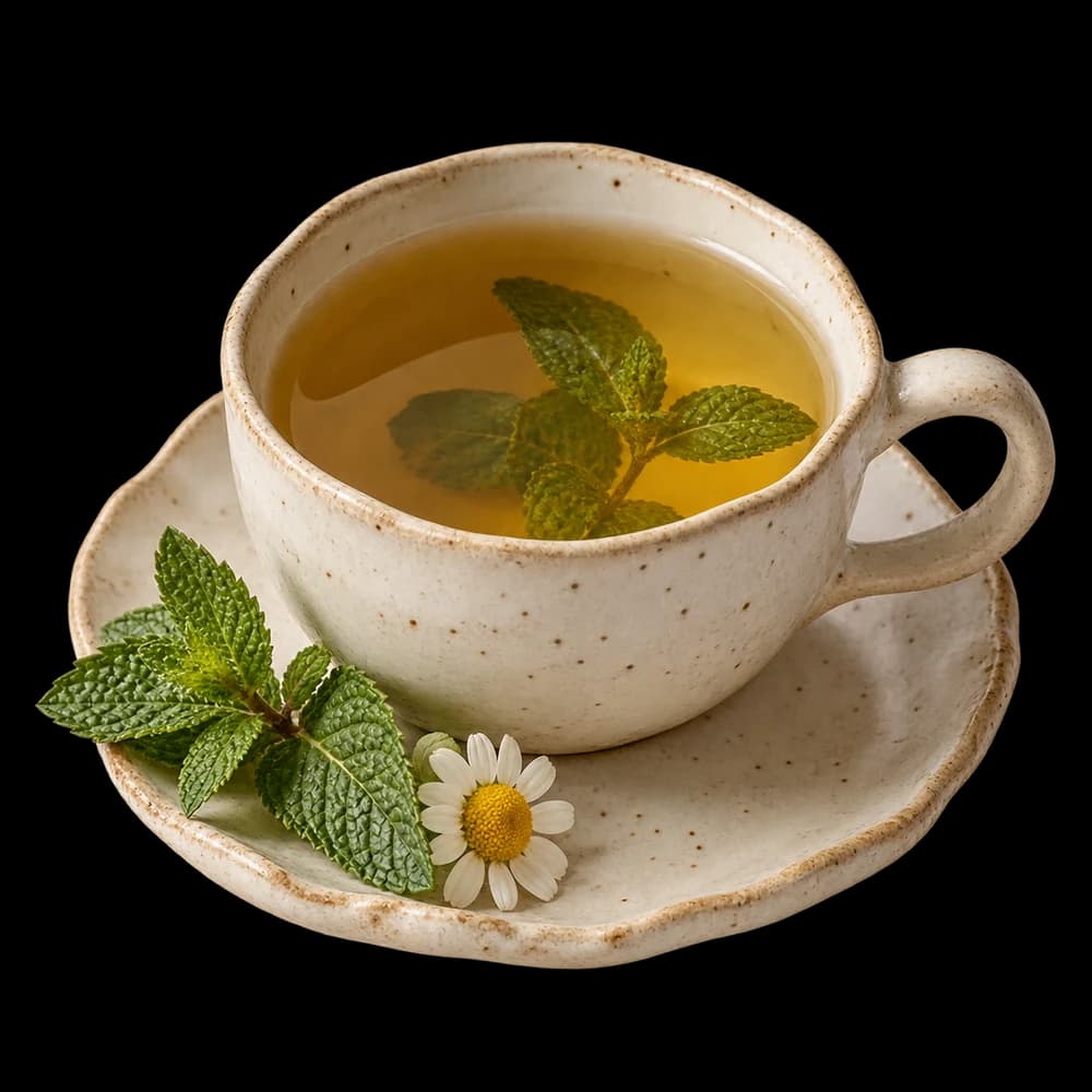 A handmade ceramic cup of golden herbal tea on a saucer with fresh mint and a chamomile flower